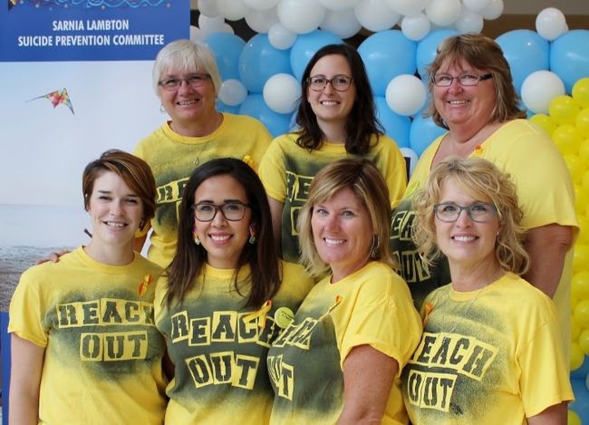 The Sarnia Lambton Suicide Prevention Committee hosted an event inside Lambton Mall to mark World Suicide Prevention Day on Saturday, Sept. 10, 2016 in Sarnia, Ont. Back row from left are committee members Sharon Berry Ross, Kassie Maxwell and Linda Zoccano. Front row from left are Ellie Fraser, Rachael Simon, Liz Page and Cathy Butler. Terry Bridge/Sarnia Observer/Postmedia Network